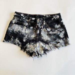 High Waisted Black and White Tie-Dye Booty Shorts Denim Jean Rhinestone